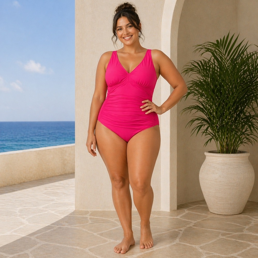 Aqua Eve Pink One Piece Swimsuit Ruched Plus Size 12W Tropical‎ Resort Beach
